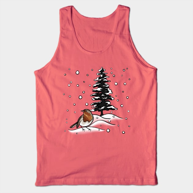 Robin and Snow Covered Trees Digital Illustration Tank Top by AlmightyClaire